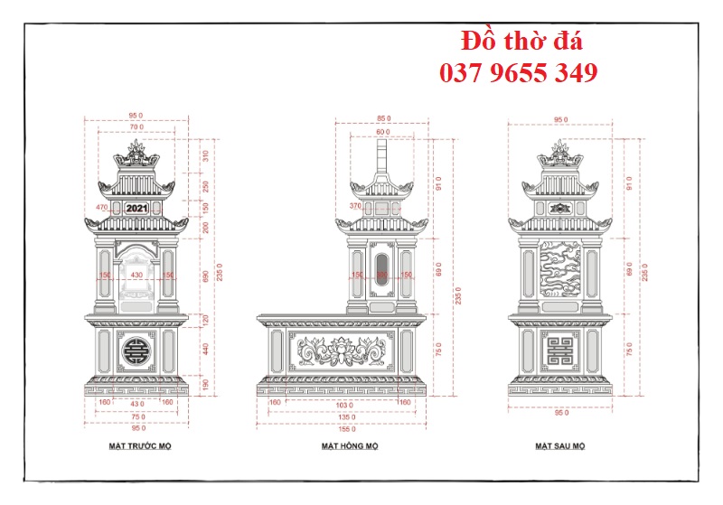 Thiết Kế mộ đá 2 masai - bảng vẽ kích thước chi tiết